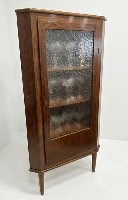 Mid Century Danish Rose wood corner cabinet cigar legs pattern frost glass liquor storage compact