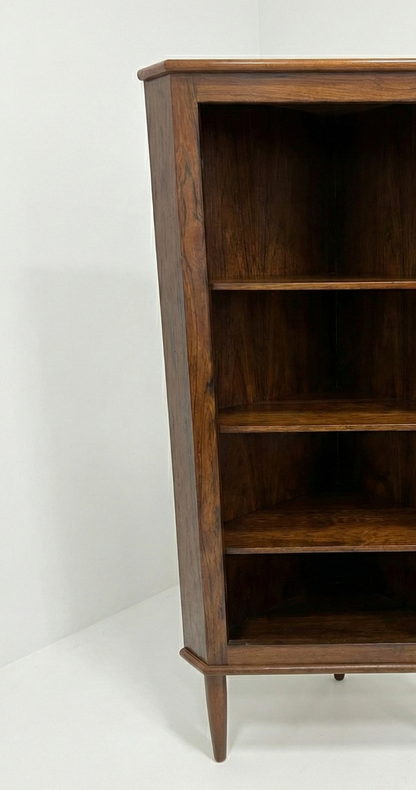 Mid Century Danish Rose wood corner cabinet cigar legs pattern frost glass liquor storage compact
