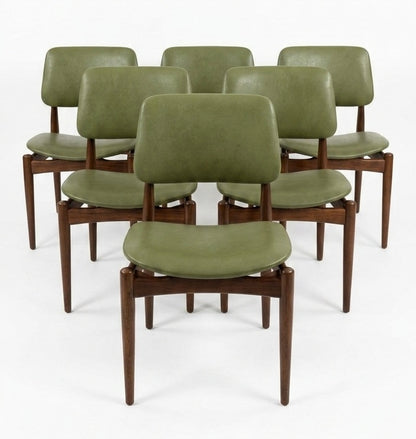 Mid Century Australian Set of Six Retro Green Vinyl chairs Nordic teak blackwood