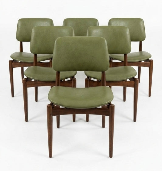 Mid Century Australian Set of Six Retro Green Vinyl chairs Nordic teak blackwood