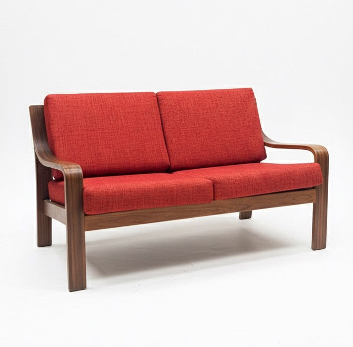 Mid Century Tessa Two seater lounge in walnut with new red upholstery