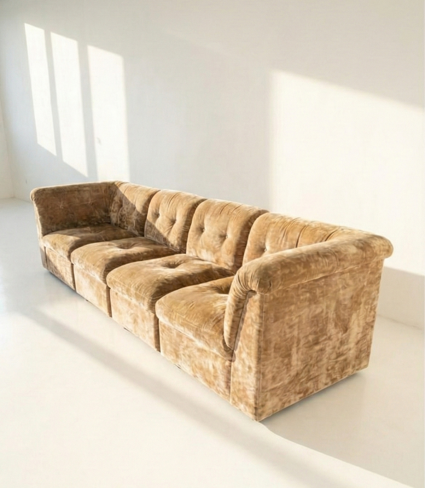 Mid Century Post and Rail modular lounge sofa ultra plush crushed champagne velvet