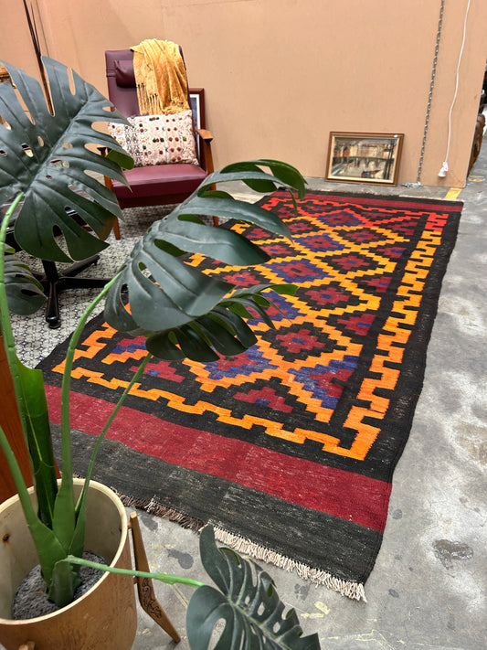 Vintage Persian Rug orange burgundy black tones