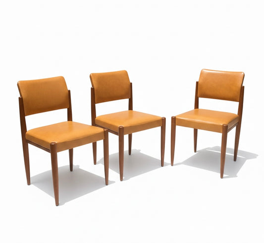 Mid Century Chiswell nordic teak mustard set of three tan chairs mcm retro seating
