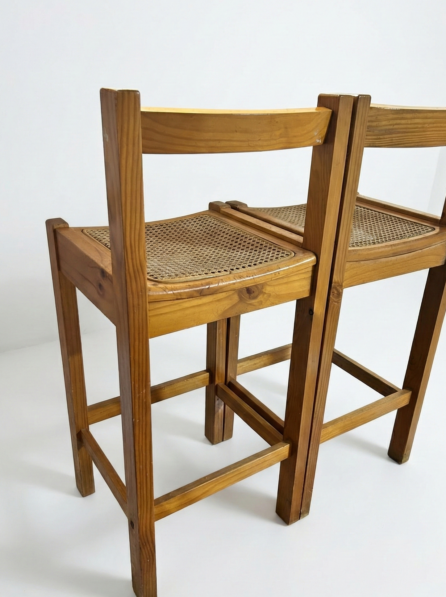 Vintage Pine Bar Stools woven cane 1980s Pair