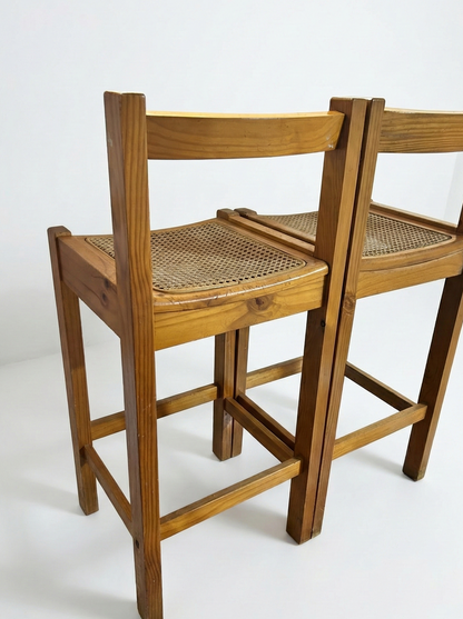 Vintage Pine Bar Stools woven cane 1980s Pair