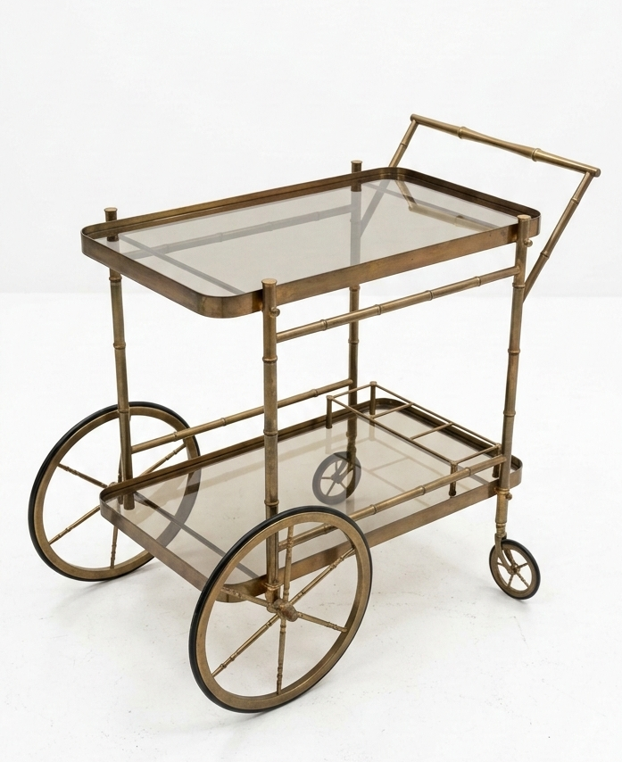 Mid Century Hollywood Regency Brass Bamboo smoke trolley bar cart