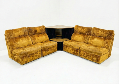 Mid Century Bridgestone ‘Senator’ modular crushed gold velvet brown corner cabinet rotating storage unit sofa lounge five piece