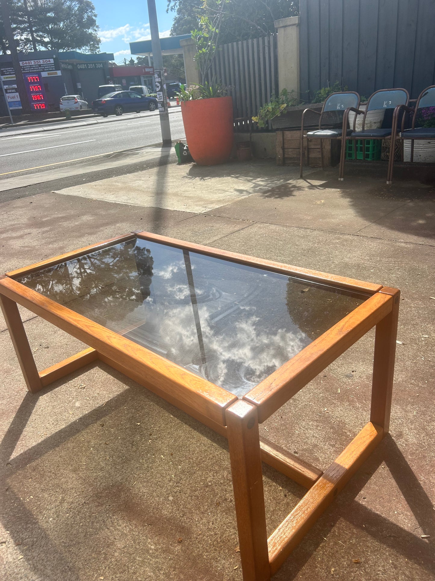 Parker mid century teak table smokey glass 1970s