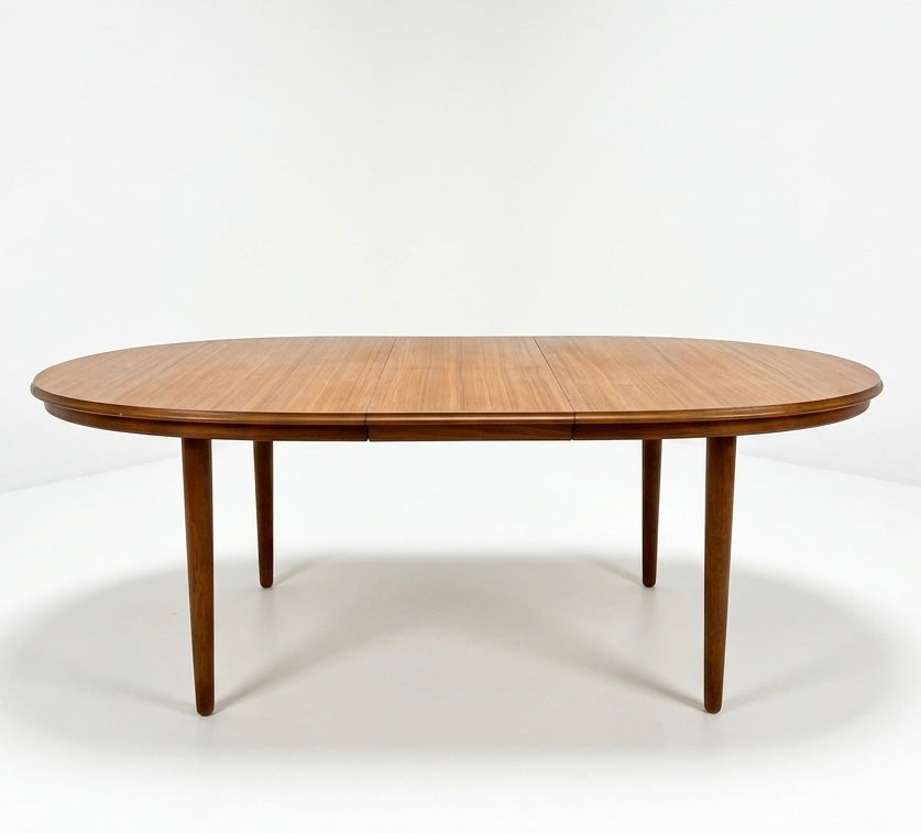 Mid Century Chiswell Nordic teak oval table with extension heat resistant top