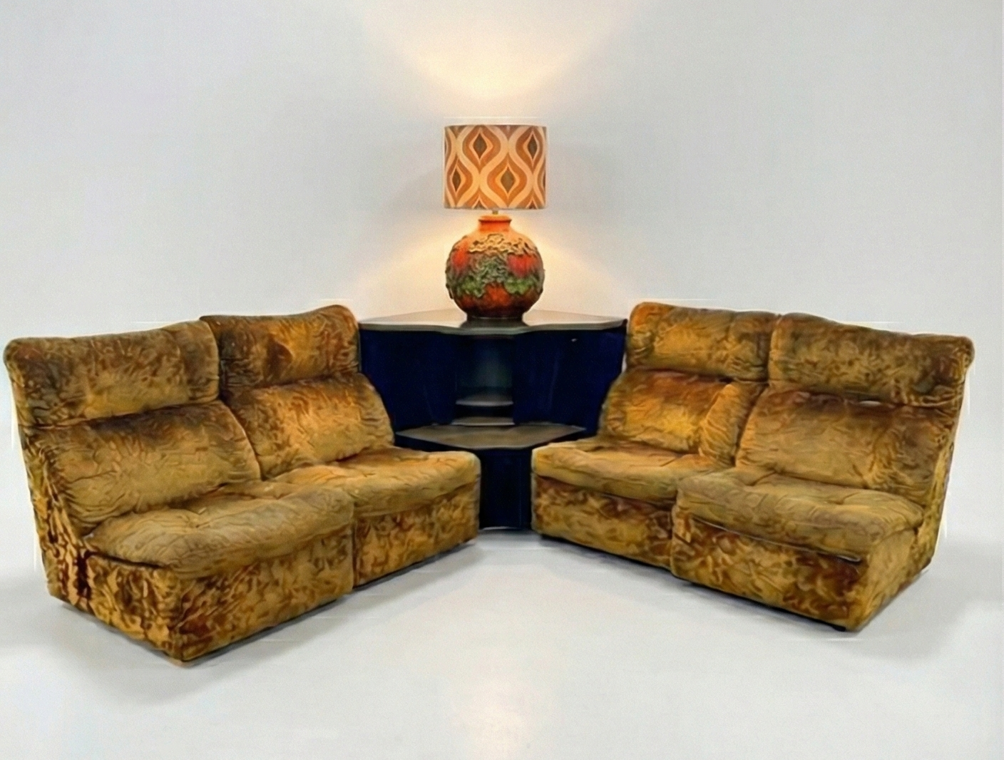 Mid Century Bridgestone ‘Senator’ modular crushed gold velvet brown corner cabinet rotating storage unit sofa lounge five piece