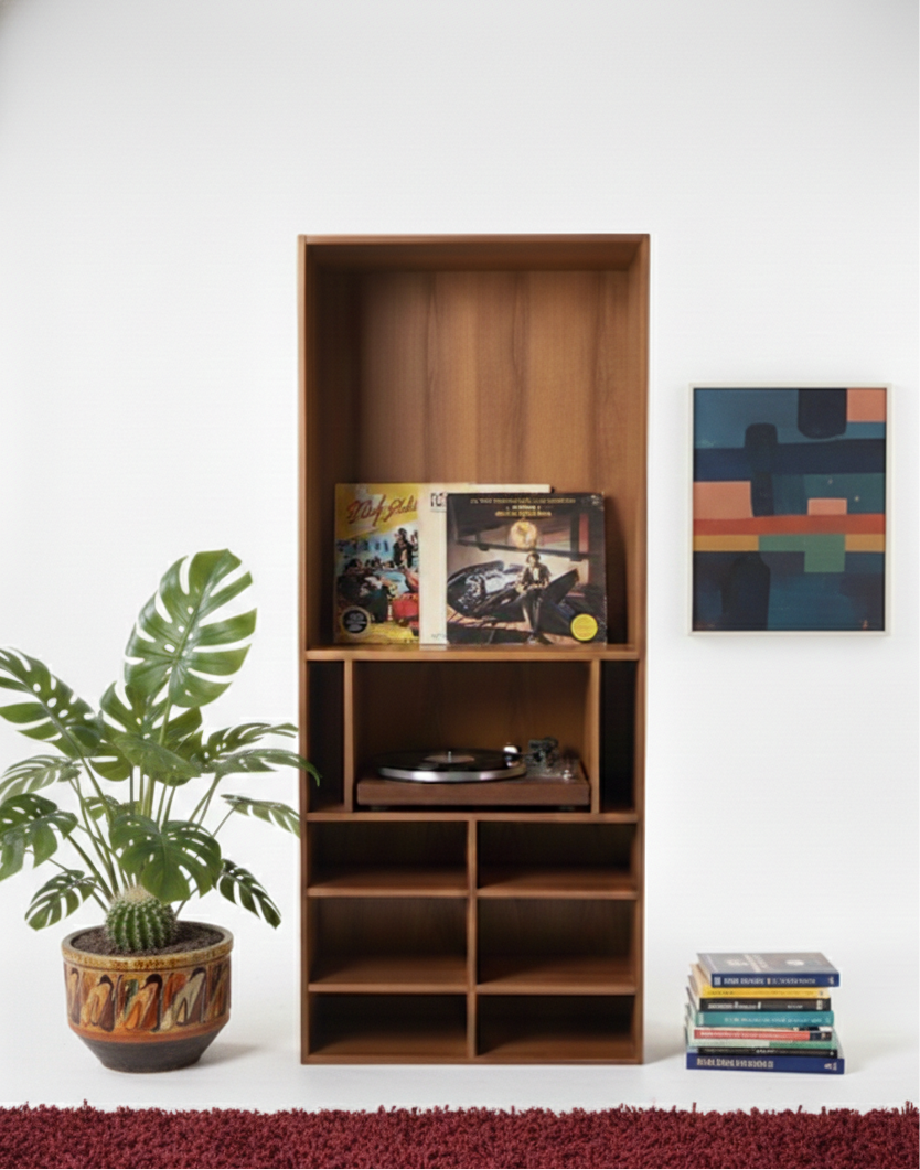 Mid Century wood entertainment shelf custom made retro