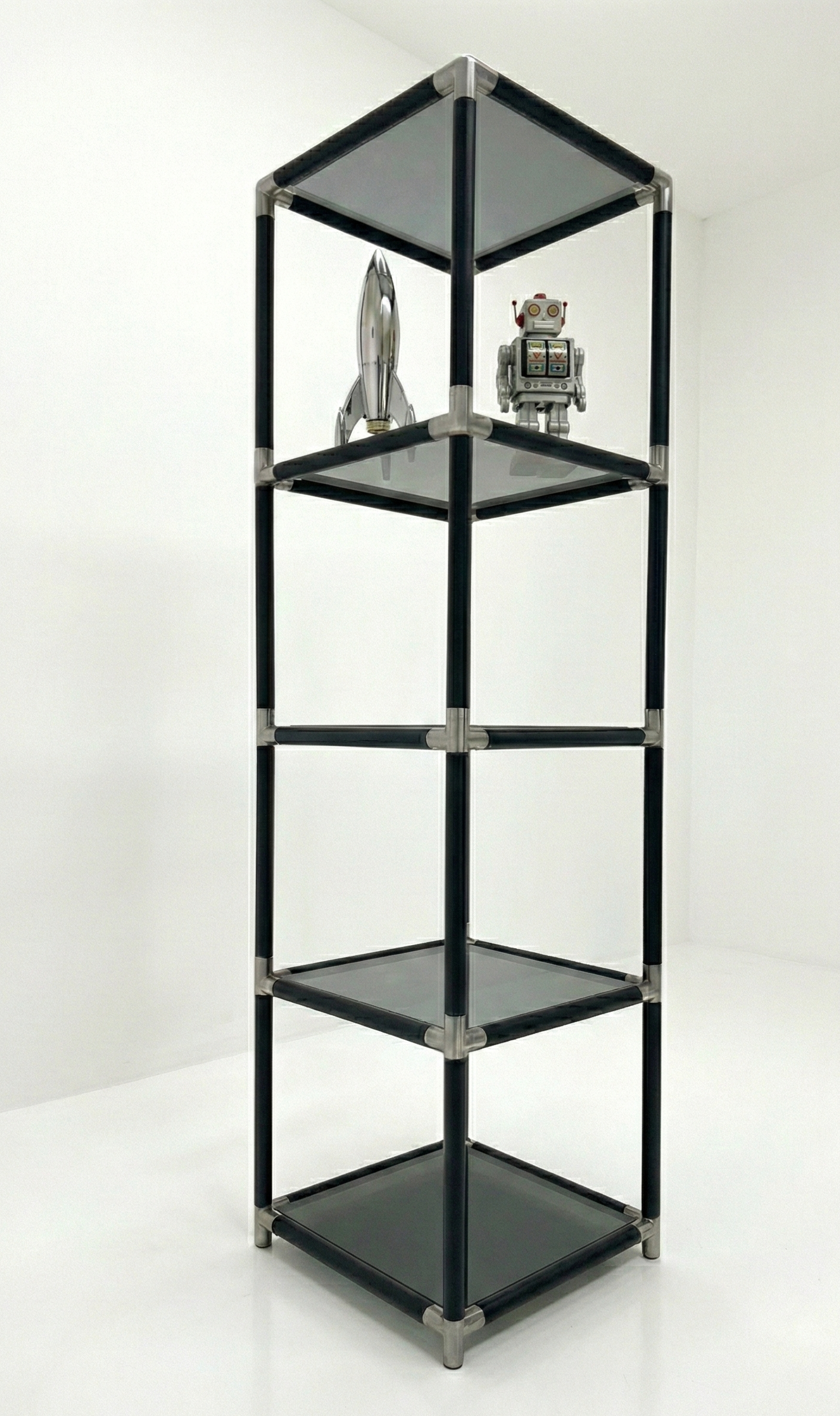 Post modern Moonshine furniture smoked glass shelf black retro space age and chrome