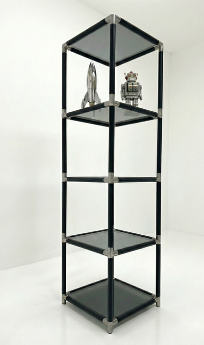 Post modern Moonshine furniture smoked glass shelf black retro space age and chrome