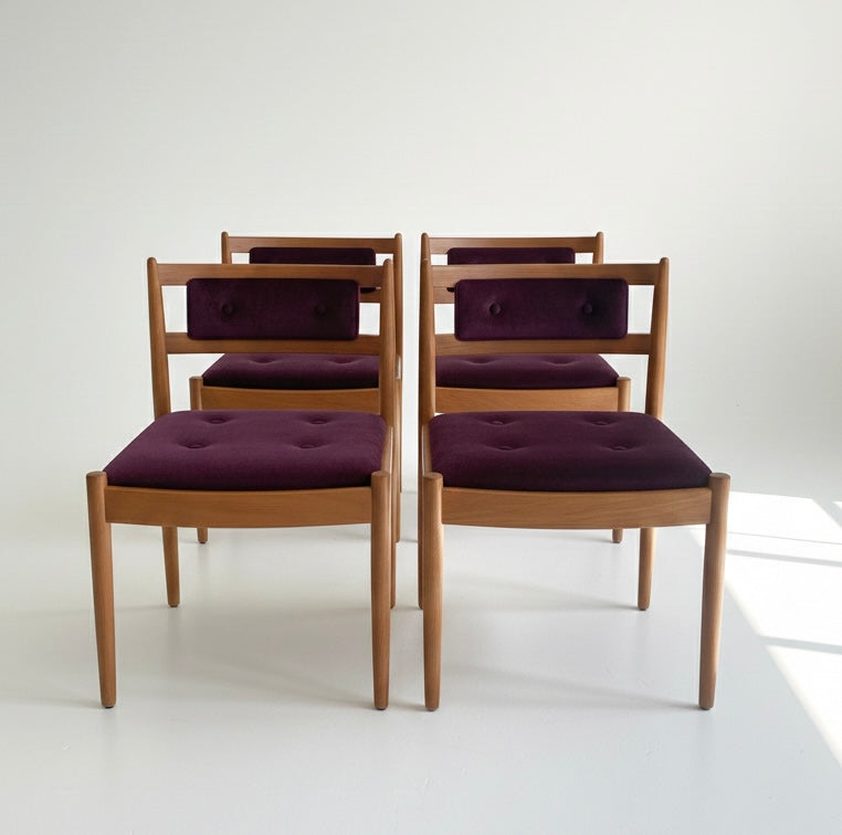 Mid Century Chiswell x4 low profile button back chairs teak Custom Upholstery 3-4 weeks lead time 1970s seating dining chairs