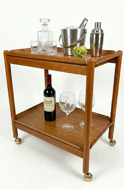 Mid Century Swedish teak two tray tier folding trolley serving cart 1970s gold wheels