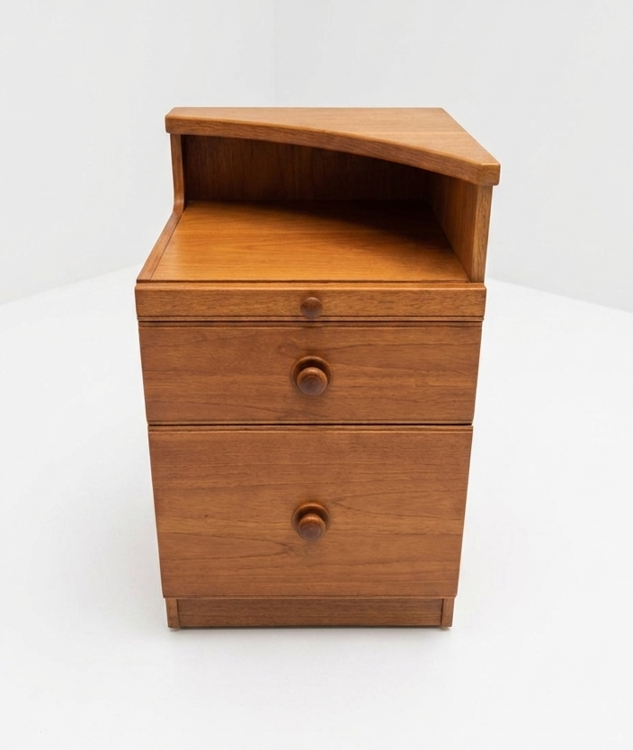 Mid Century Chiswell warm tone teak bedside with pull out table draws storage