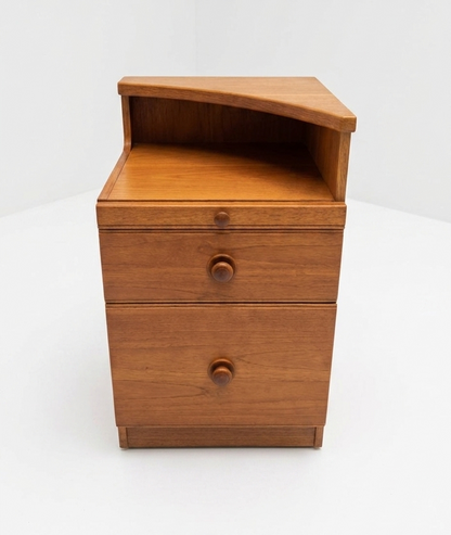 Mid Century Chiswell warm tone teak bedside with pull out table draws storage