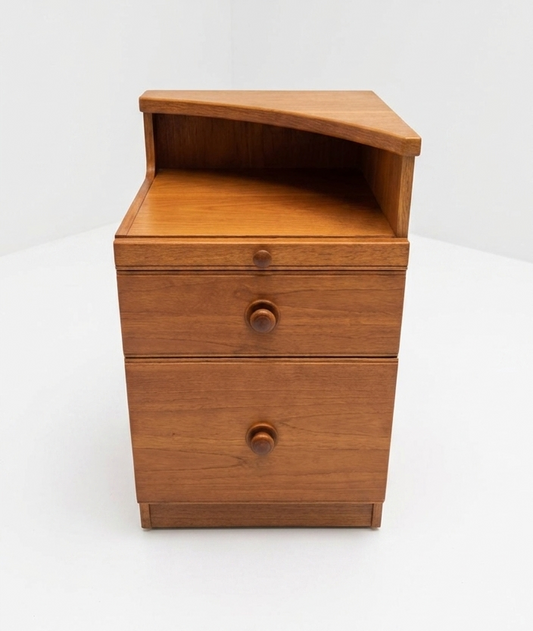 Mid Century Chiswell warm tone teak bedside with pull out table draws storage