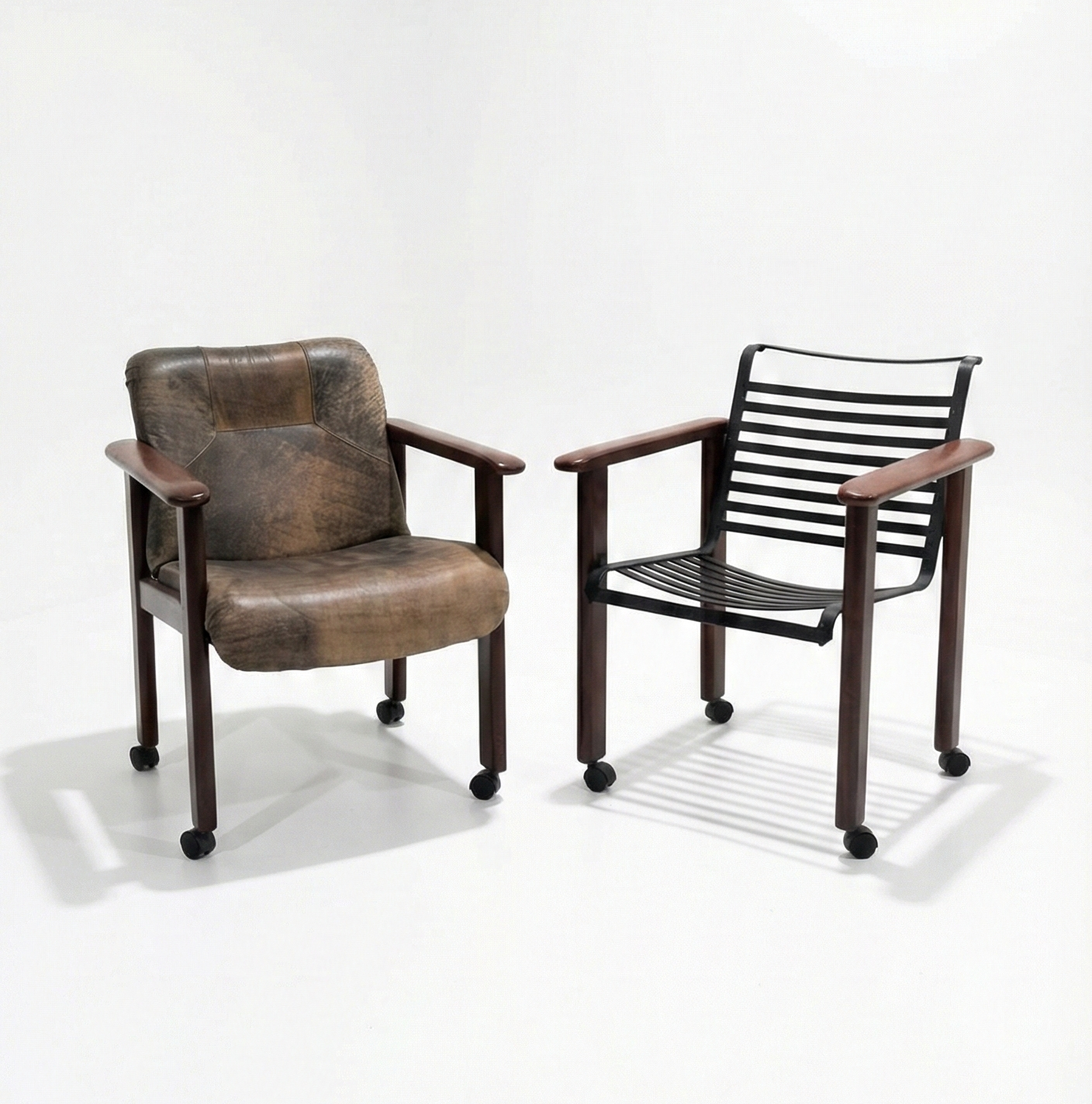 Mid Century Pacific Green Brutalist leather chair previously Post n Rail castors