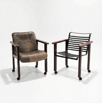 Mid Century Pacific Green Brutalist leather chair previously Post n Rail castors