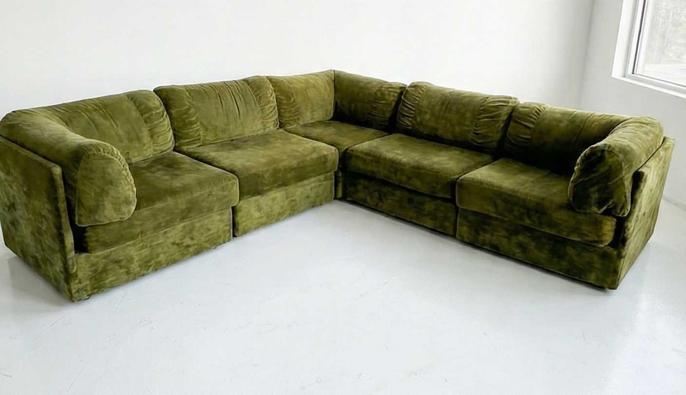 Mid Century Parker crushed velvet olive green lounge seat chair modular sofa playpen five piece style 70s era