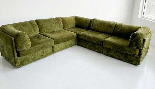 Mid Century Parker crushed velvet olive green lounge seat chair modular sofa playpen five piece style 70s era