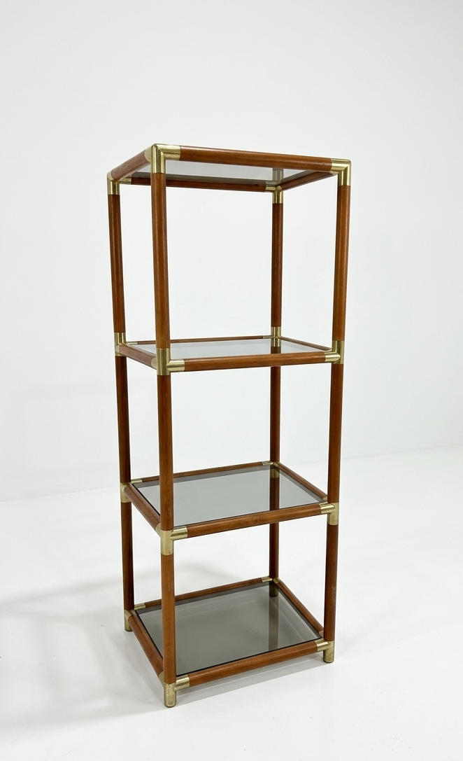 Mid Century brass wood smoked glass shelf storage unit post modern Australia mcm retro