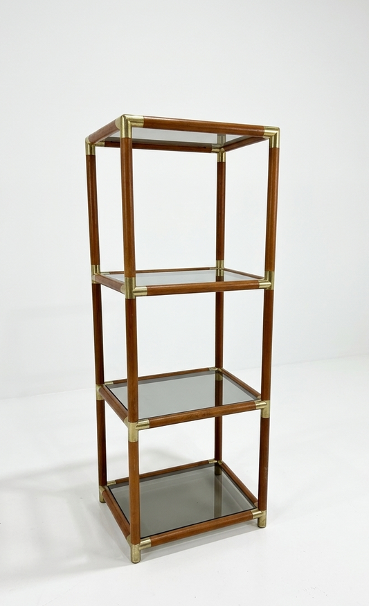 Mid Century brass wood smoked glass shelf storage unit post modern Australia mcm retro