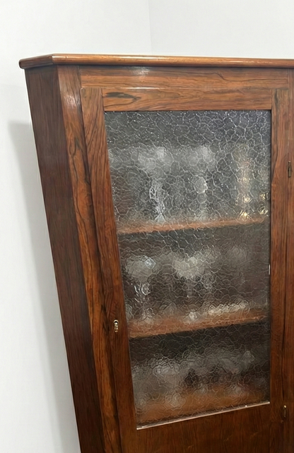 Mid Century Danish Rose wood corner cabinet cigar legs pattern frost glass liquor storage compact