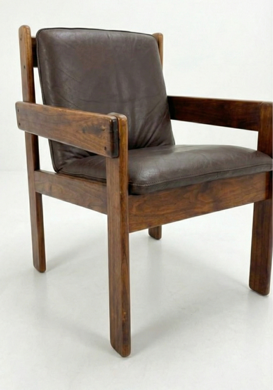 Mid Century Post n Rail leather and solid pine chair retro brutalist