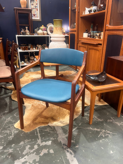 Danish Otto Larsen teak armchair with new warwich commercial grade vinyl in blue