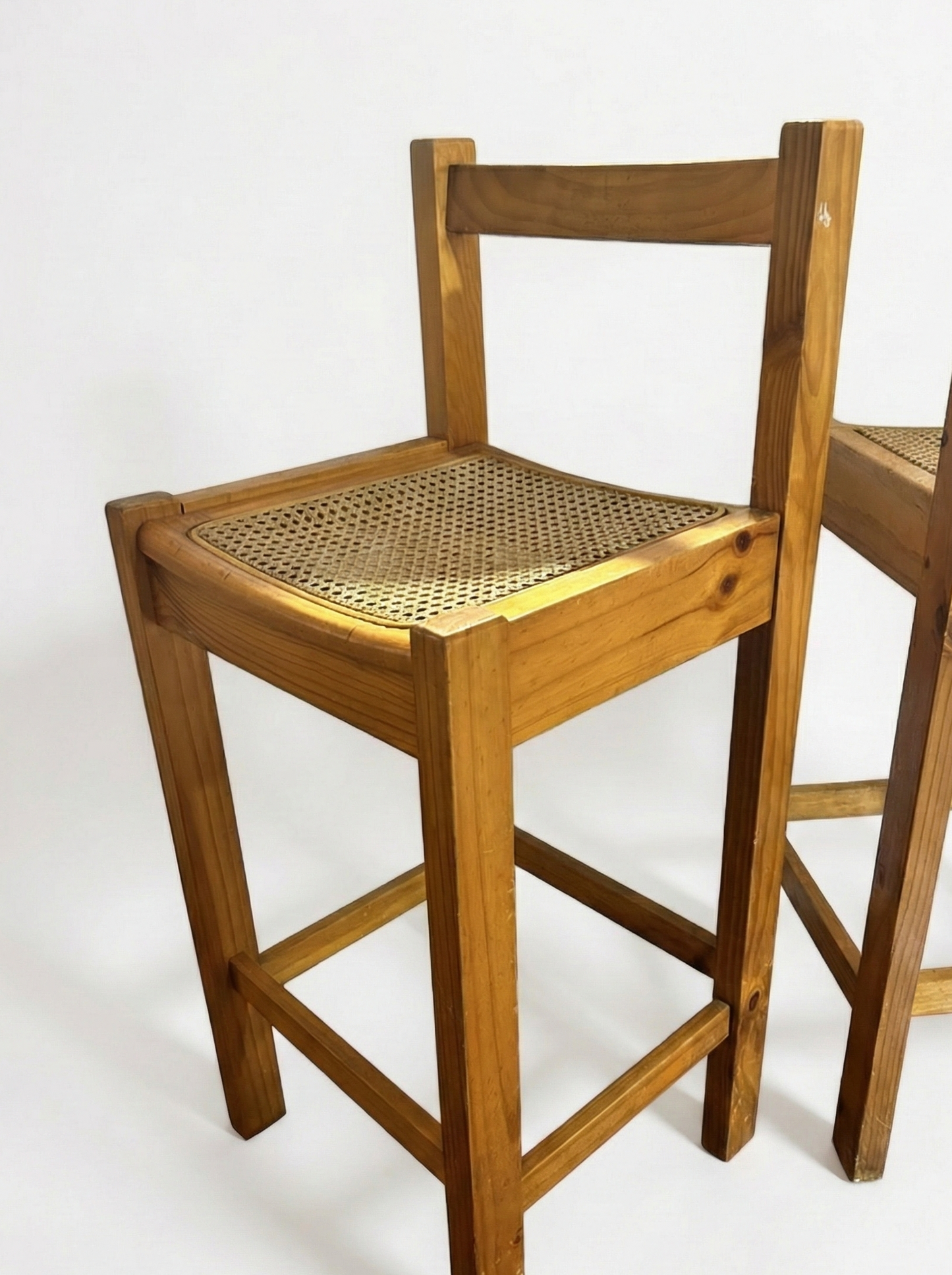 Vintage Pine Bar Stools woven cane 1980s Pair