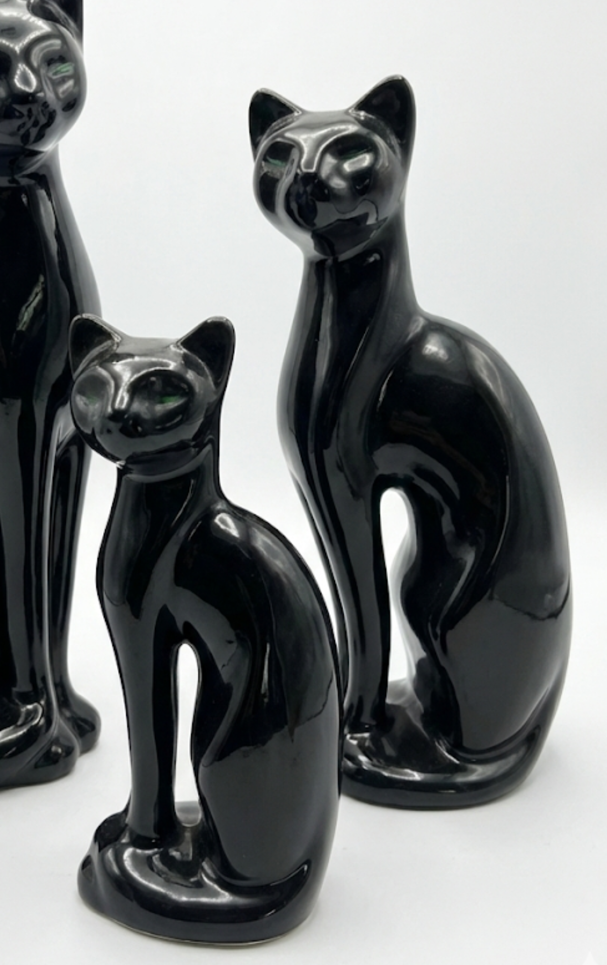 Mid Century Cat family black with green eyes set of three ceramic japan