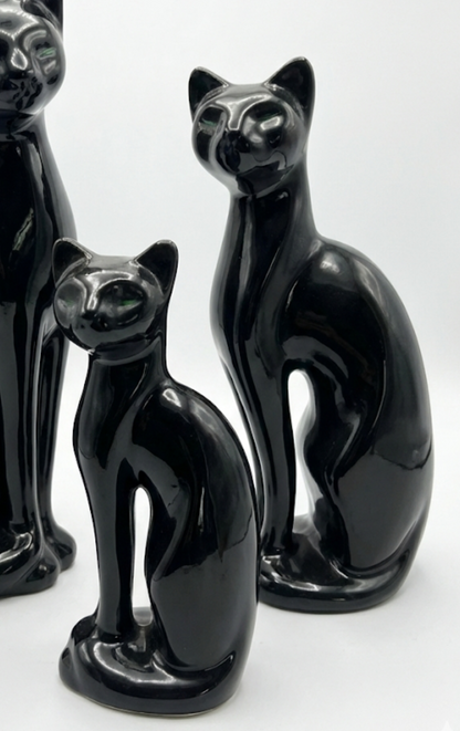 Mid Century Cat family black with green eyes set of three ceramic japan