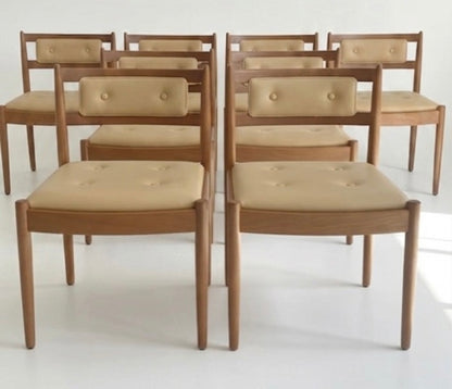 Mid Century Chiswell set of 8 low profile button back chairs teak Custom Upholstery 3-4 weeks lead time 1970s seating dining chairs