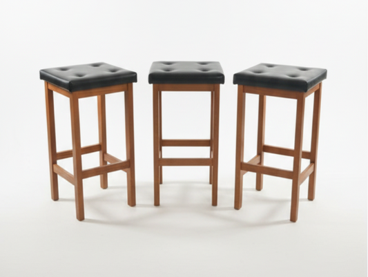 Mid Century black and teak vinyl bar stools set of three 1970s burgess