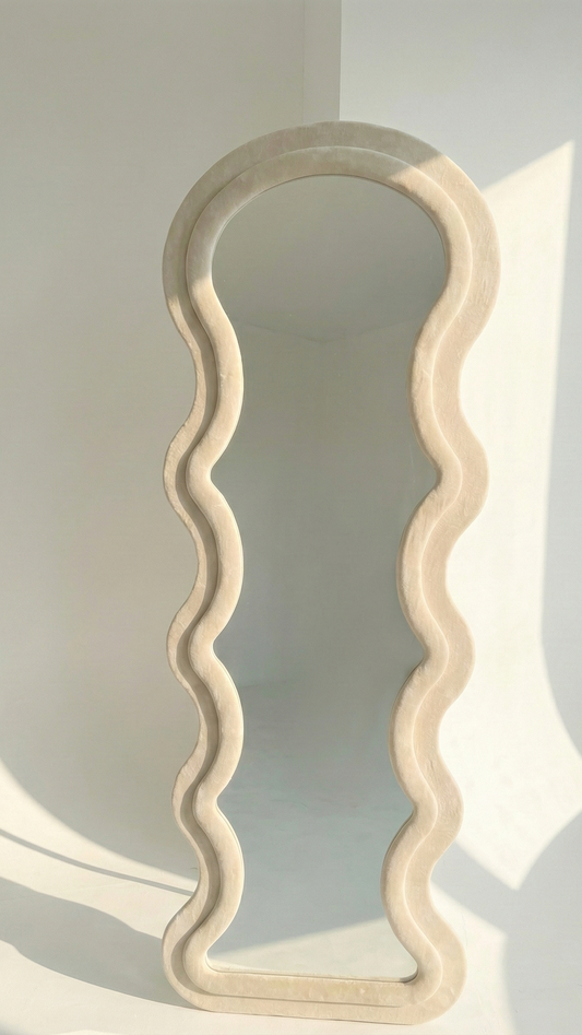 Mid Century Modern wavy floor mirror velvet frame retro