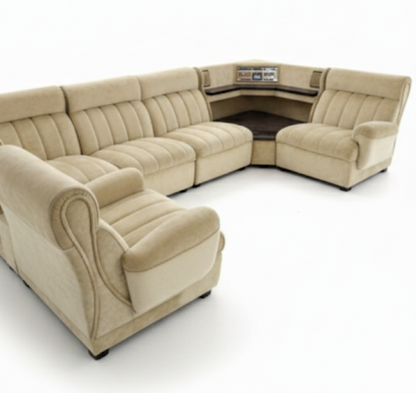 Mid Century Cream Velvet Modular with Inbuilt Radio Lounge Coffee Table Shelf