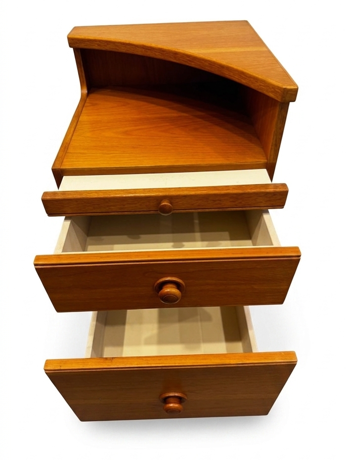 Mid Century Chiswell warm tone teak bedside with pull out table draws storage