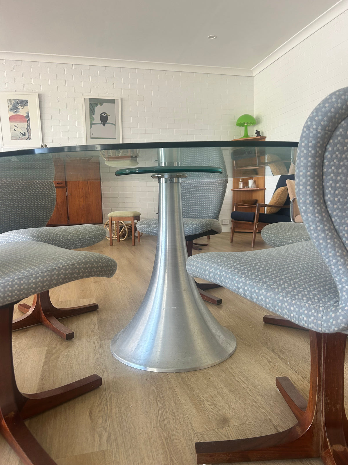 Mid Century Atomic round glass table pedestal tulip