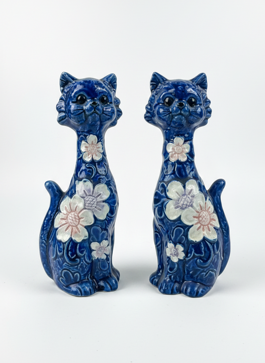 Mid Century Vintage ceramic Cats pair floral deep blue collectable 1960s