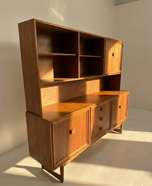 Mid Century Parker Sleigh Sideboard with bar hutch Golden Teak retro storage unit