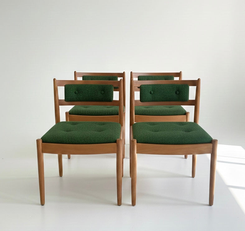 Mid Century Chiswell x4 low profile button back chairs teak Custom Upholstery 3-4 weeks lead time 1970s seating dining chairs