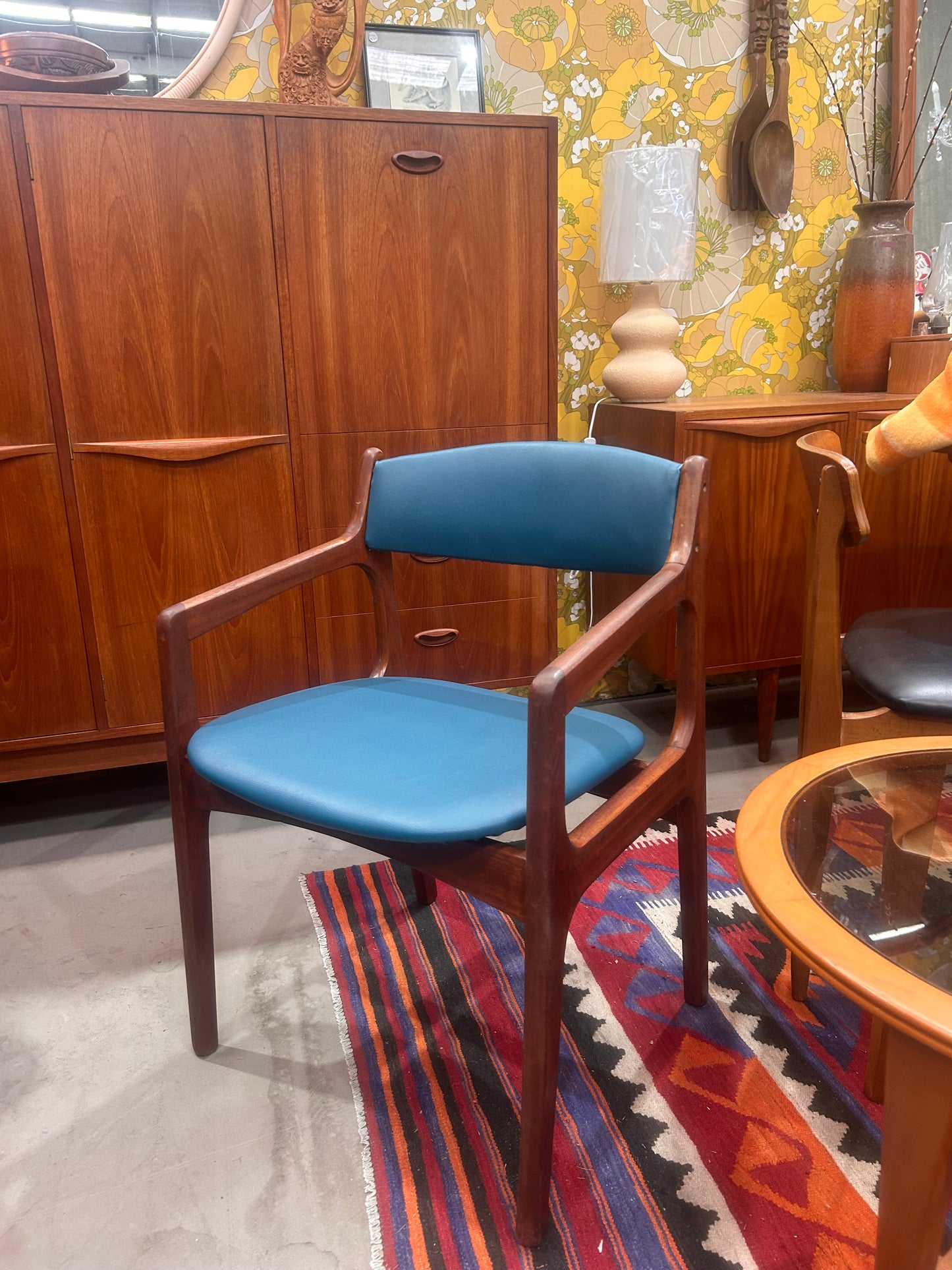 Danish Otto Larsen teak armchair with new warwich commercial grade vinyl in blue