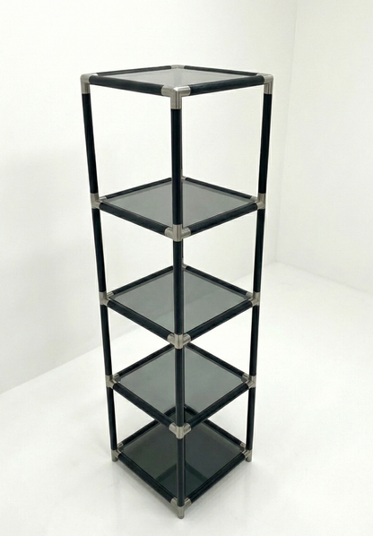 Post modern Moonshine furniture smoked glass shelf black retro space age and chrome