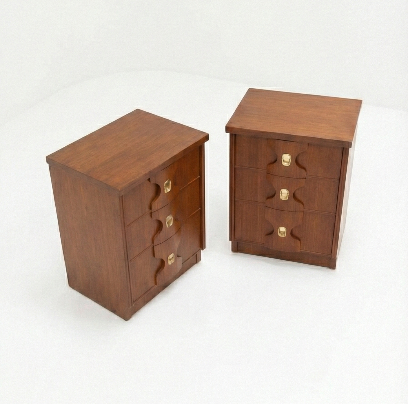Mid Century Burgess Bedside pair teak and gold 1970s bedroom furniture storage