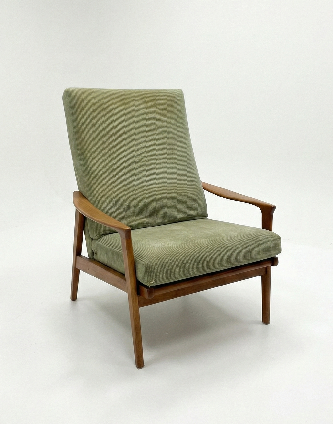 Mid Century Parker Nordic No 161 chair 1960s Australian made teak armchair seat sage green cord