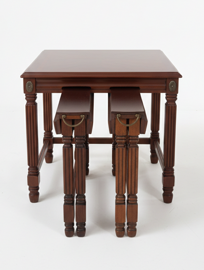 Regency Revival Vintage Quaretto table nesting Walnut Mahogany Veneer Set of three