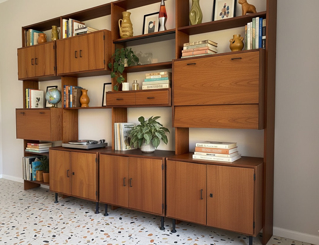 Mid Century Simpla Lux modular bookcase storage wall shelving unit teak retro four bay shelf